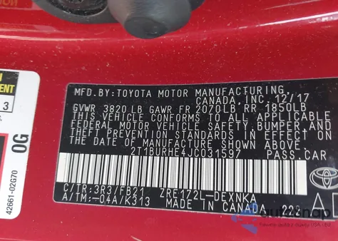 2018 Toyota Corolla Le из США, поврежденный, VIN 2T1BURHE4JC031597